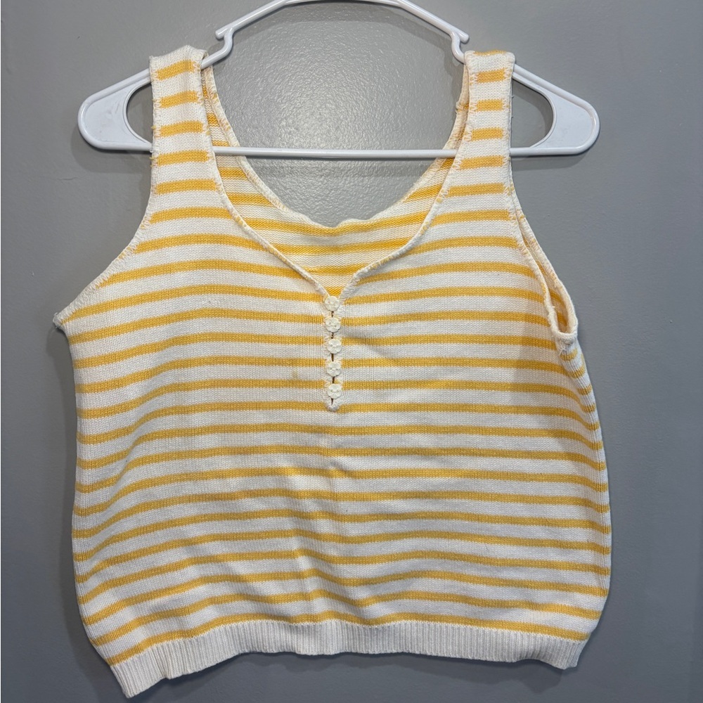 Vintage inspired delicate yellow and white striped knit tank top button details